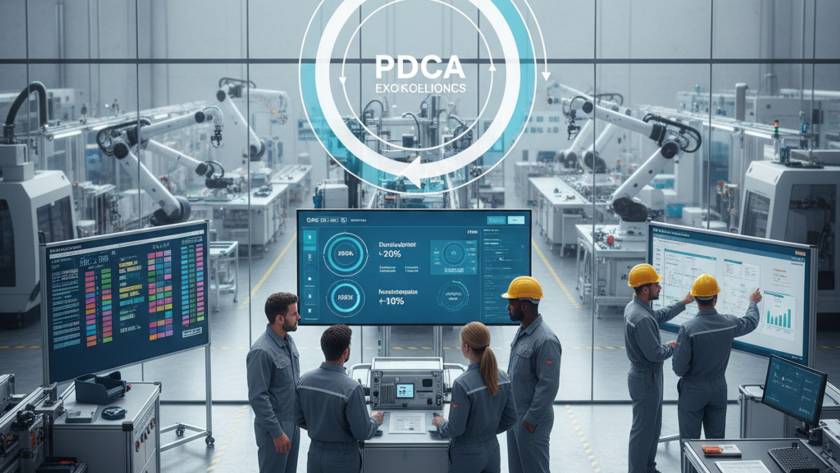 Industrial control room: engineers in blue coveralls monitor large dashboards as a circular PDCA logo overlays the scene.