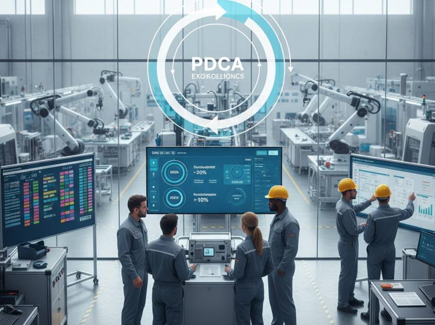 Industrial control room: engineers in blue coveralls monitor large dashboards as a circular PDCA logo overlays the scene.