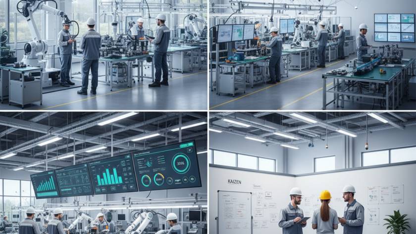 Collage of a high-tech manufacturing lab with workers and robotic arms at workstations, monitoring screens.