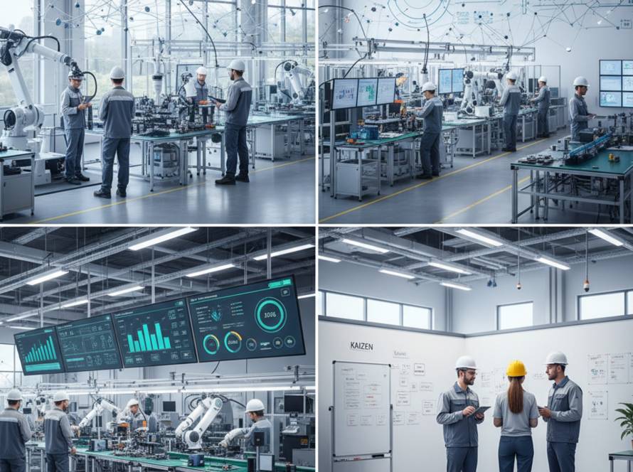 Collage of a high-tech manufacturing lab with workers and robotic arms at workstations, monitoring screens.