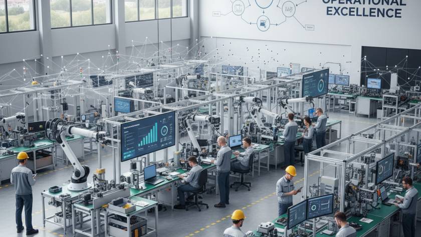 Factory floor with robotics arms and engineers at workstations under a banner reading OPERATIONAL EXCELLENCE, monitoring automated assembly lines