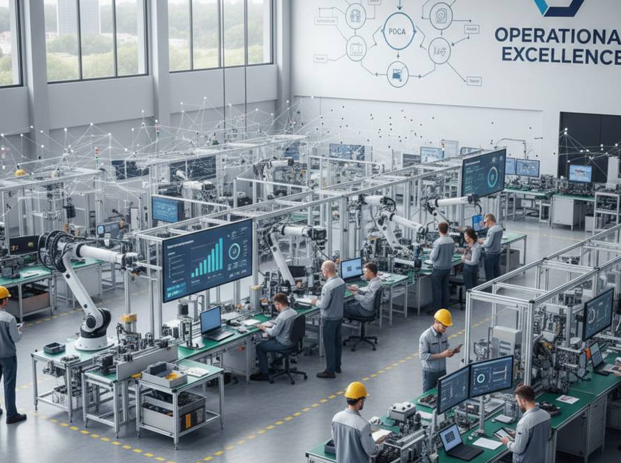 Factory floor with robotics arms and engineers at workstations under a banner reading OPERATIONAL EXCELLENCE, monitoring automated assembly lines