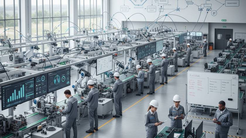 High-tech factory floor with workers in hard hats at automated stations and large data screens displaying charts and controls.