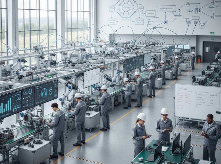 High-tech factory floor with workers in hard hats at automated stations and large data screens displaying charts and controls.
