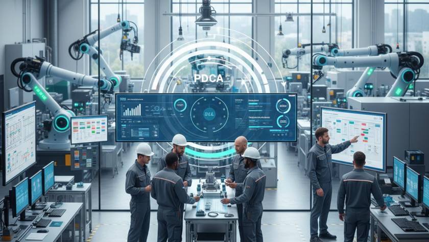 Six engineers in hard hats gather around a central workstation in a high-tech factory, with robotic arms overhead and large data dashboards visible nearby.