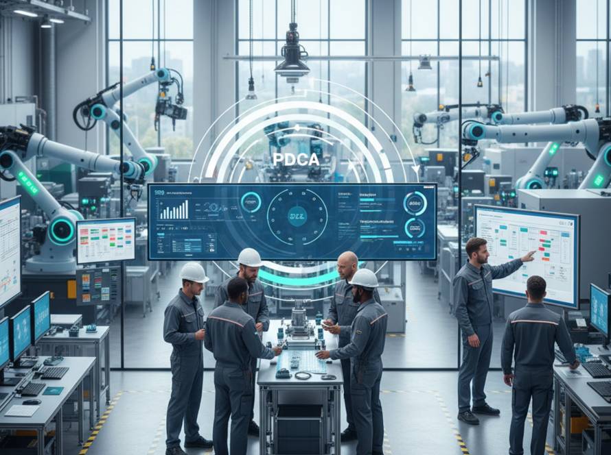 Six engineers in hard hats gather around a central workstation in a high-tech factory, with robotic arms overhead and large data dashboards visible nearby.