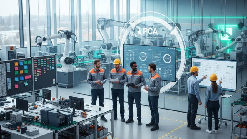 Team of engineers in orange-gray uniforms discuss data on large digital dashboards in a high-tech robotics lab.