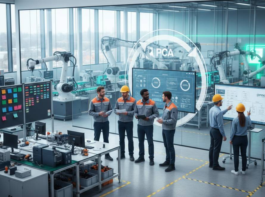Team of engineers in orange-gray uniforms discuss data on large digital dashboards in a high-tech robotics lab.