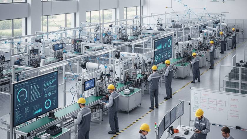 Factory floor with robotic arms and workers in yellow hard hats at data-heavy workstations.