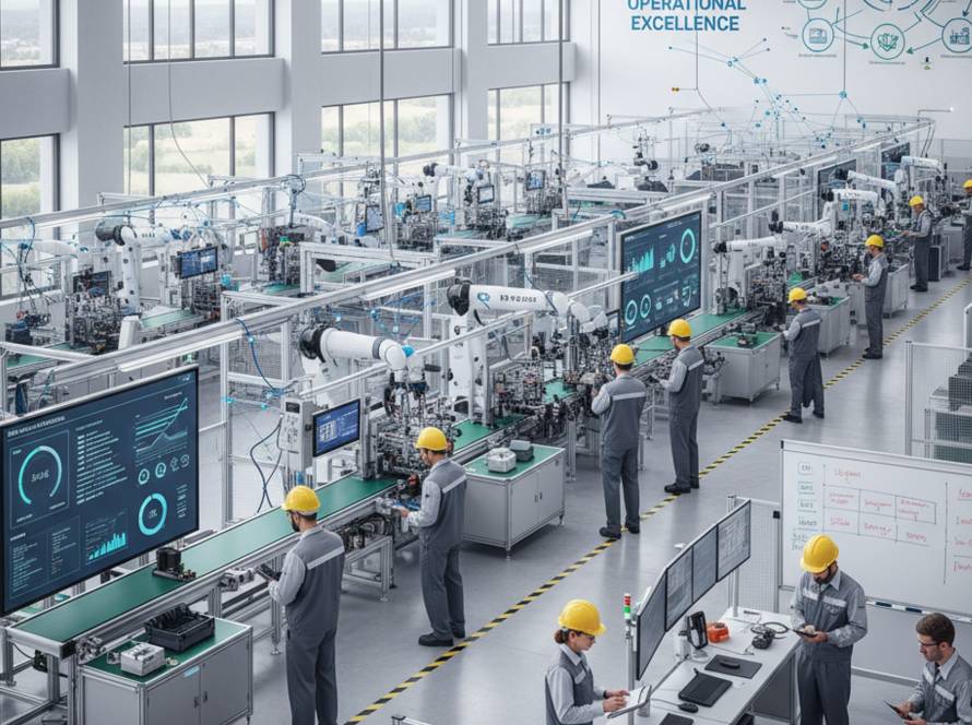 Factory floor with robotic arms and workers in yellow hard hats at data-heavy workstations.