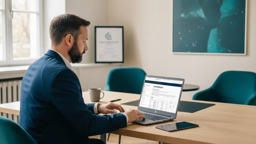 KMU Unternehmer prueft schnelle Unternehmensfinanzierung am Laptop — Qred Bank Partner