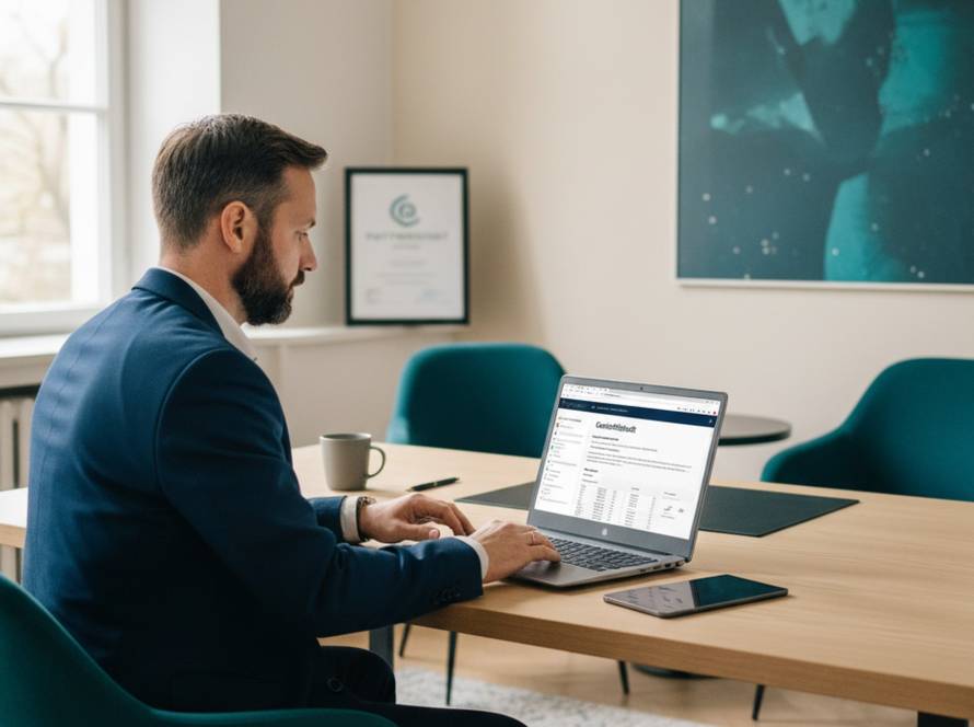 KMU Unternehmer prueft schnelle Unternehmensfinanzierung am Laptop — Qred Bank Partner