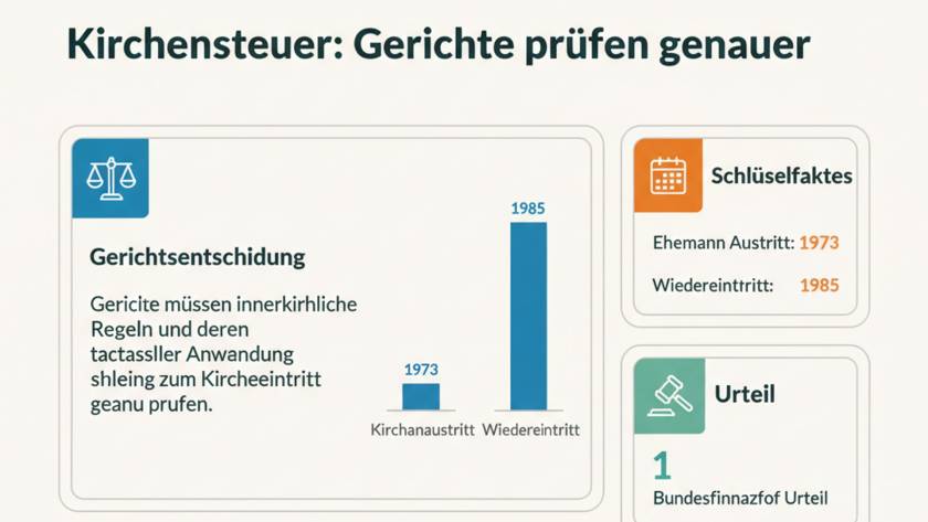 Paragrafenzeichen und Kirchturm symbolisieren den Streit um Kirchensteuer nach Kirchenaustritt – BFH-Urteil