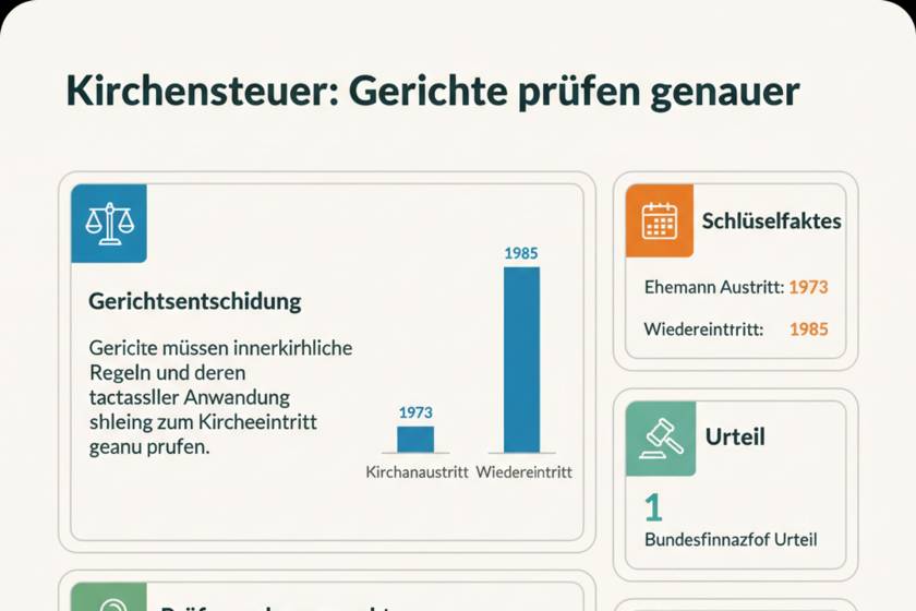 Paragrafenzeichen und Kirchturm symbolisieren den Streit um Kirchensteuer nach Kirchenaustritt – BFH-Urteil