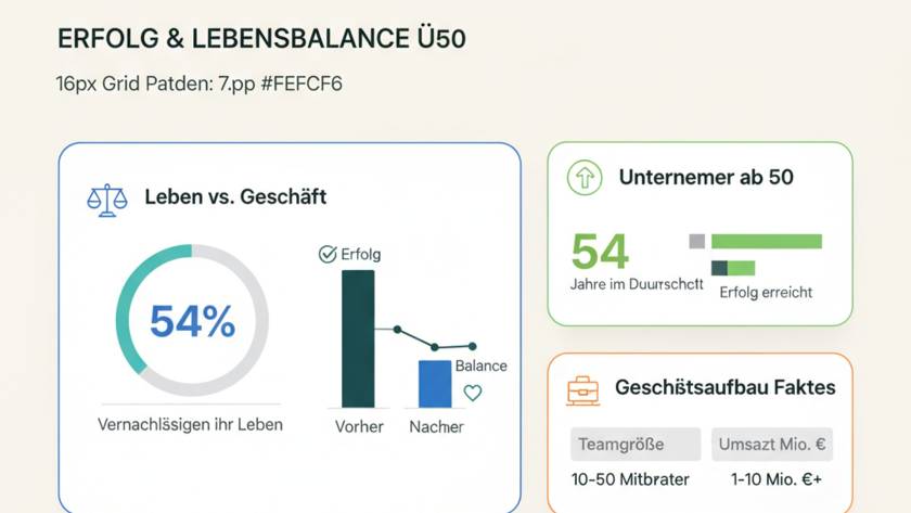 Infografik: Erfolg & Lebensbalance Ü50. Links ein Tortendiagramm mit 54% und weitere Diagramme, rechts Infokachel zu Unternehmern ab 50%.