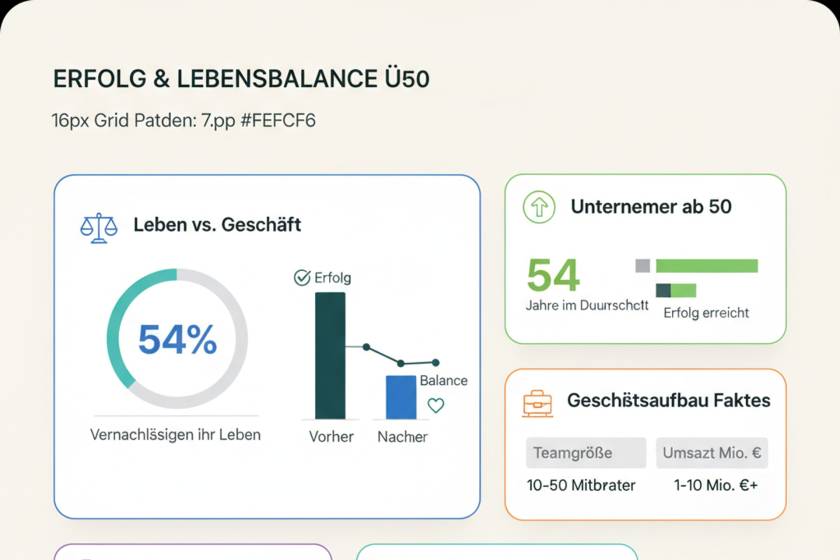 Infografik: Erfolg & Lebensbalance Ü50. Links ein Tortendiagramm mit 54% und weitere Diagramme, rechts Infokachel zu Unternehmern ab 50%.