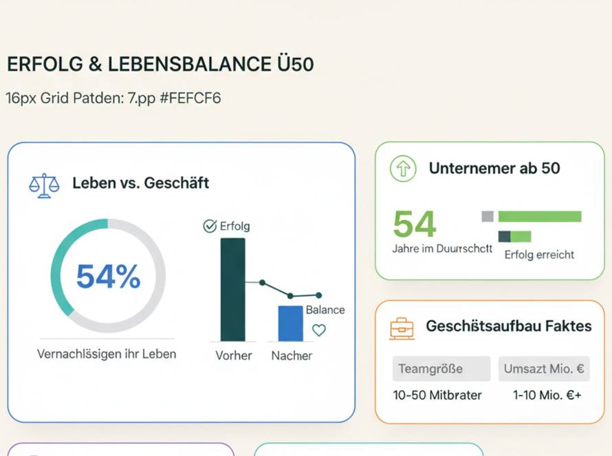 Infografik: Erfolg & Lebensbalance Ü50. Links ein Tortendiagramm mit 54% und weitere Diagramme, rechts Infokachel zu Unternehmern ab 50%.