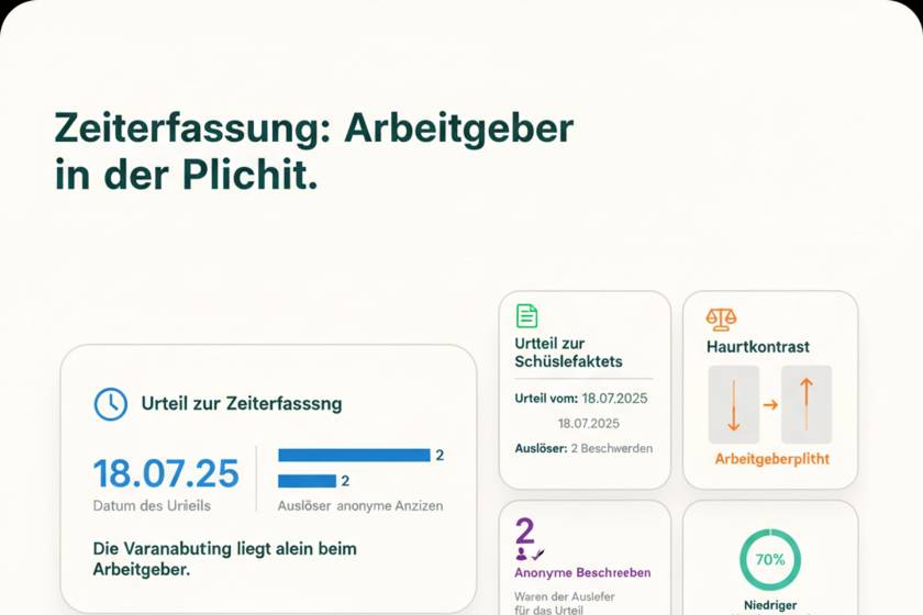 Arbeitszeiterfassung Urteil Hamburg 2025: Stoppuhr und Gerichtsurteil auf Schreibtisch