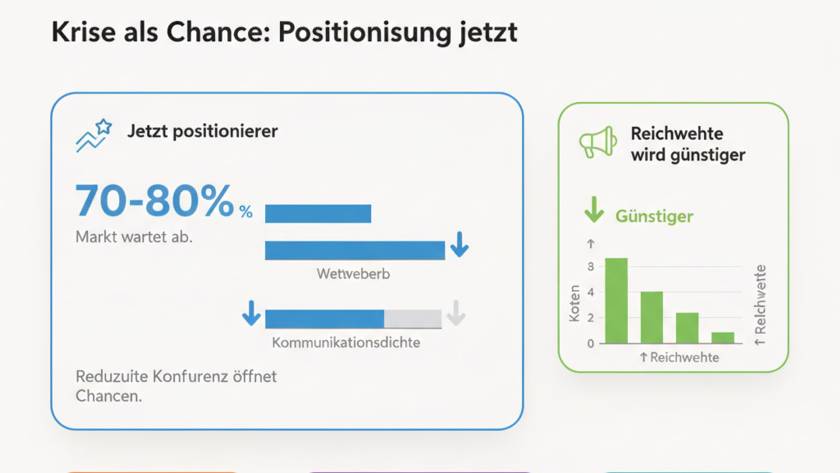Infografik: Krise als Chance – linke Info box zeigt 70–80% Markt wartet ab; rechts Box mit Reichweiten-Chart 'Reichweite wird günstiger'.