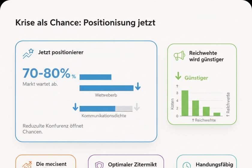 Infografik: Krise als Chance – linke Info box zeigt 70–80% Markt wartet ab; rechts Box mit Reichweiten-Chart 'Reichweite wird günstiger'.