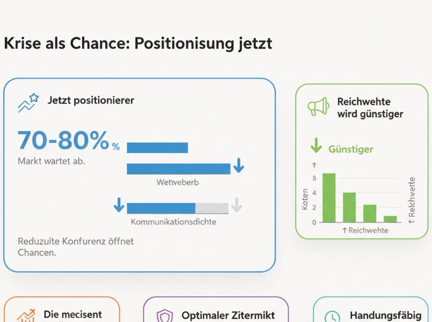 Infografik: Krise als Chance – linke Info box zeigt 70–80% Markt wartet ab; rechts Box mit Reichweiten-Chart 'Reichweite wird günstiger'.