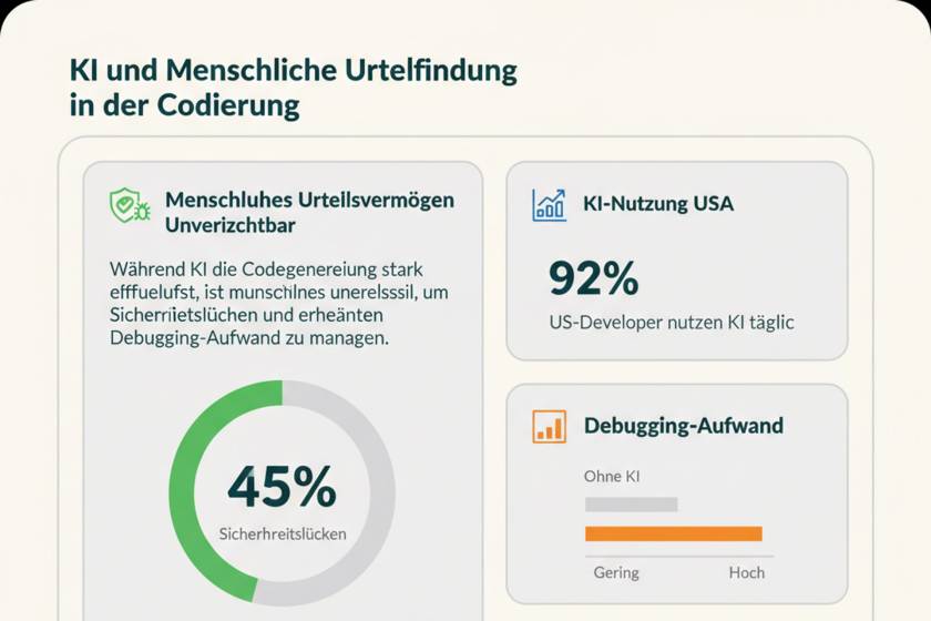 Entwickler reviewt KI-generierten Code auf zwei Monitoren mit Debugging-Ausgabe