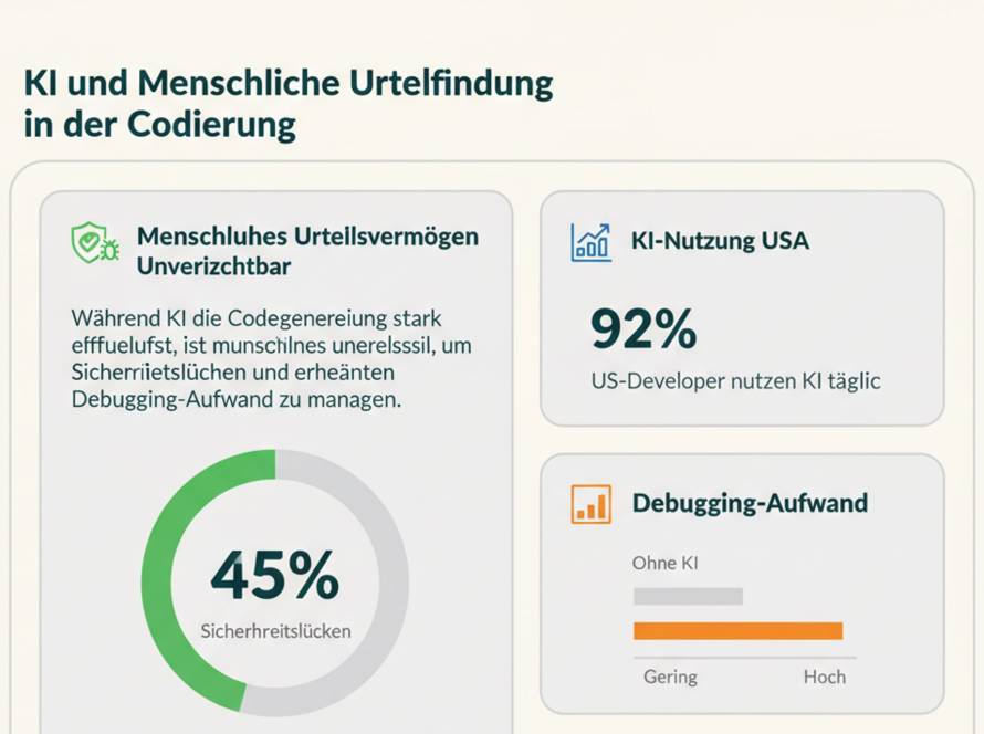 Entwickler reviewt KI-generierten Code auf zwei Monitoren mit Debugging-Ausgabe