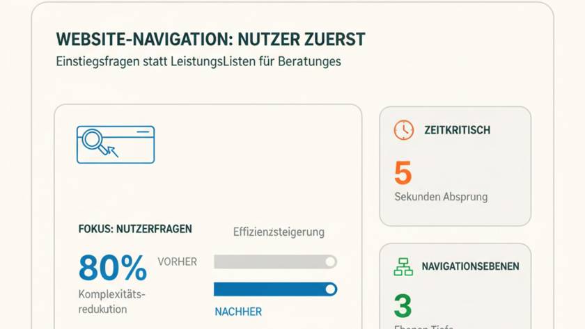 Übersichtliche Website-Navigation für Beratungsunternehmen mit klarer Filterstruktur statt langer Leistungsliste