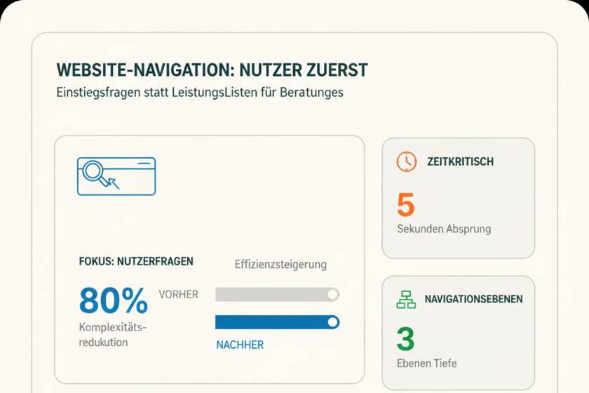 Übersichtliche Website-Navigation für Beratungsunternehmen mit klarer Filterstruktur statt langer Leistungsliste
