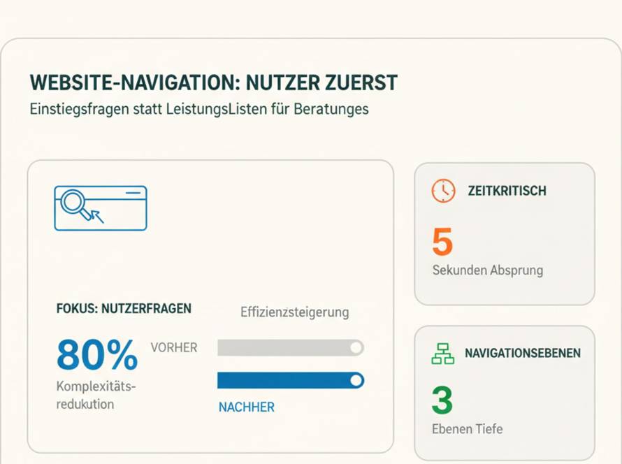 Übersichtliche Website-Navigation für Beratungsunternehmen mit klarer Filterstruktur statt langer Leistungsliste