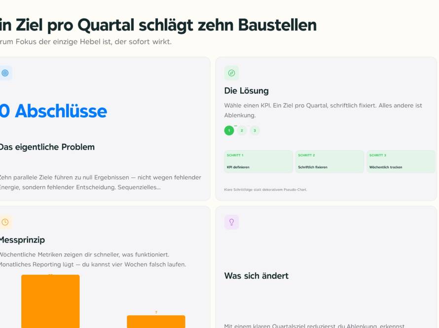 Zweispaltiges Layout mit Kartenvorschau: links eine Karte mit der Überschrift '0 Abschlüsse – Das eigentliche Problem', rechts eine Karte 'Die Lösung' mit KPI-Schritten und Icons.