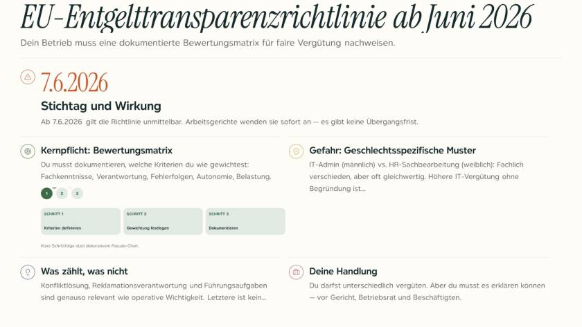 Dokumentierte Vergütungsmatrix auf einem Schreibtisch als Symbol für EU-Entgelttransparenzpflichten ab Juni 2026