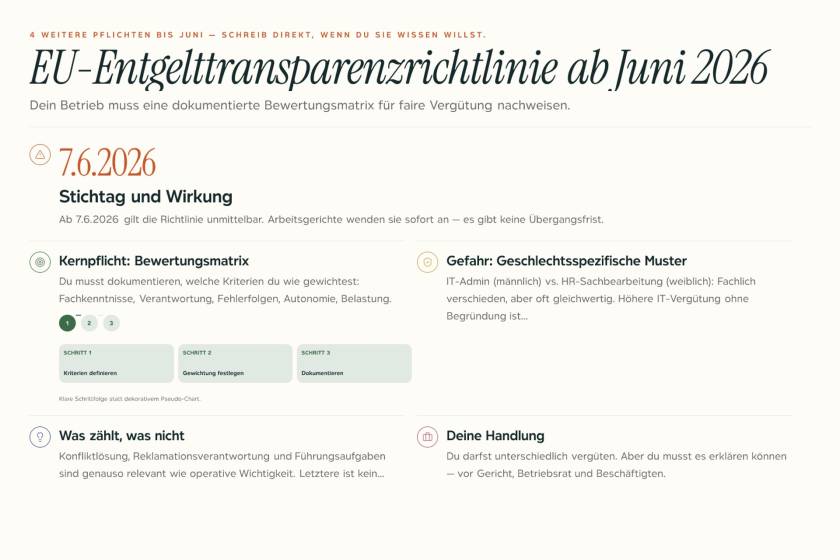 Dokumentierte Vergütungsmatrix auf einem Schreibtisch als Symbol für EU-Entgelttransparenzpflichten ab Juni 2026