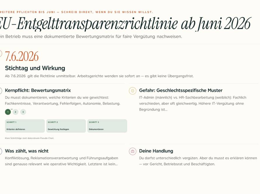Dokumentierte Vergütungsmatrix auf einem Schreibtisch als Symbol für EU-Entgelttransparenzpflichten ab Juni 2026