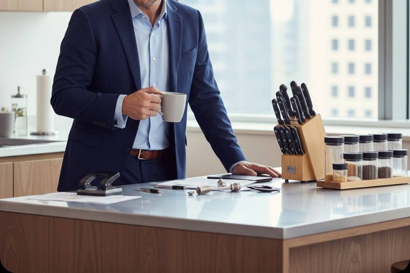 Aufgeräumter Schreibtisch mit Notizbuch, Stift und Laptop – Mise en Place Prinzip im Büro