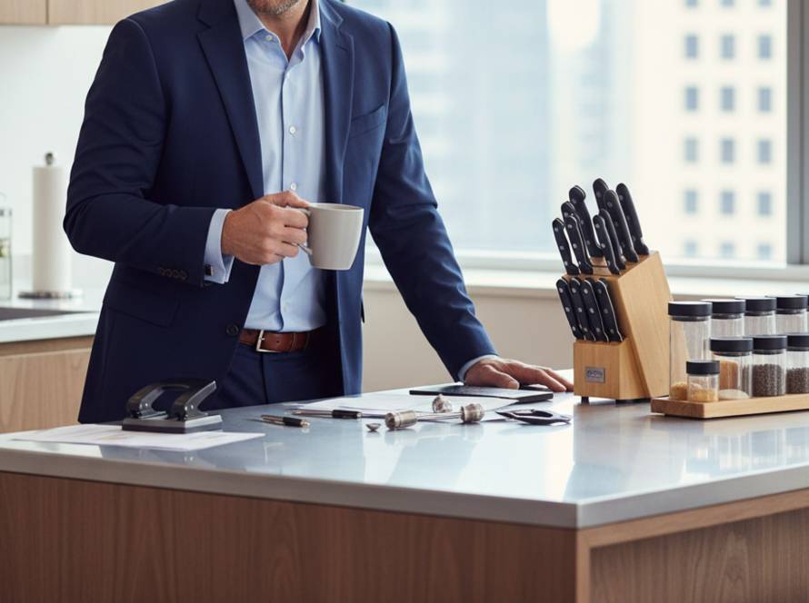 Aufgeräumter Schreibtisch mit Notizbuch, Stift und Laptop – Mise en Place Prinzip im Büro
