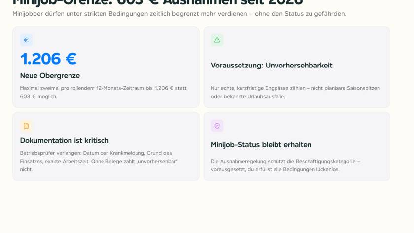 Lohnabrechnung mit Minijob-Grenze 603 Euro und Dokumentationsunterlagen auf einem Schreibtisch