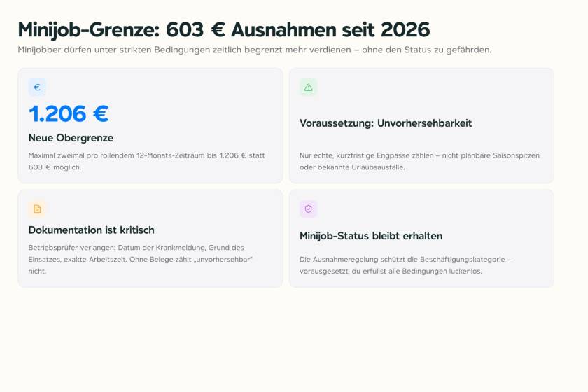 Lohnabrechnung mit Minijob-Grenze 603 Euro und Dokumentationsunterlagen auf einem Schreibtisch