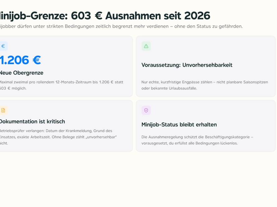Lohnabrechnung mit Minijob-Grenze 603 Euro und Dokumentationsunterlagen auf einem Schreibtisch
