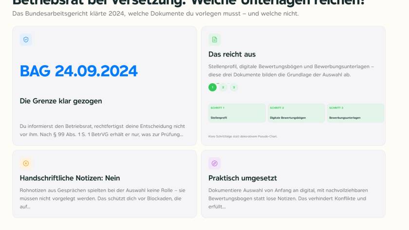 Personalakte mit digitalem Bewertungsbogen auf einem Schreibtisch, symbolisch für Betriebsratsverfahren bei Versetzungen