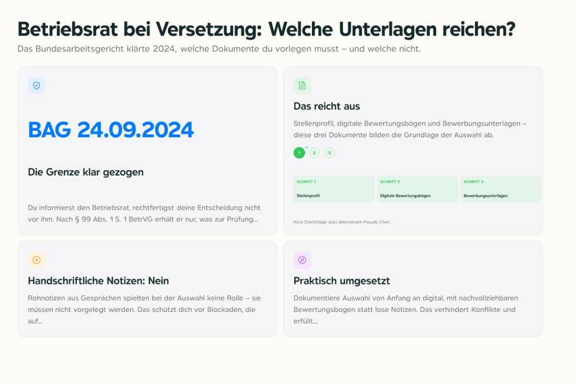 Personalakte mit digitalem Bewertungsbogen auf einem Schreibtisch, symbolisch für Betriebsratsverfahren bei Versetzungen