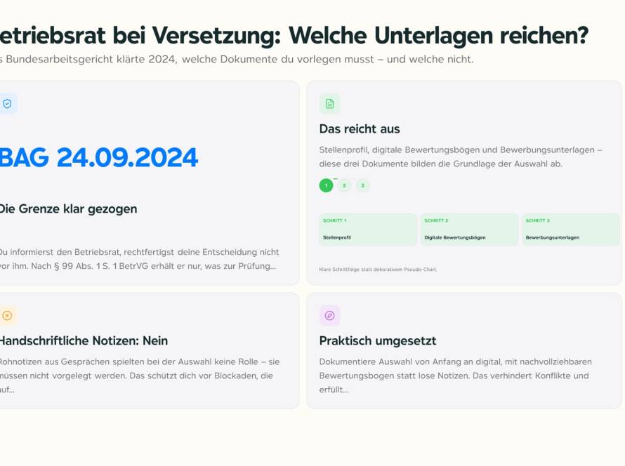 Personalakte mit digitalem Bewertungsbogen auf einem Schreibtisch, symbolisch für Betriebsratsverfahren bei Versetzungen