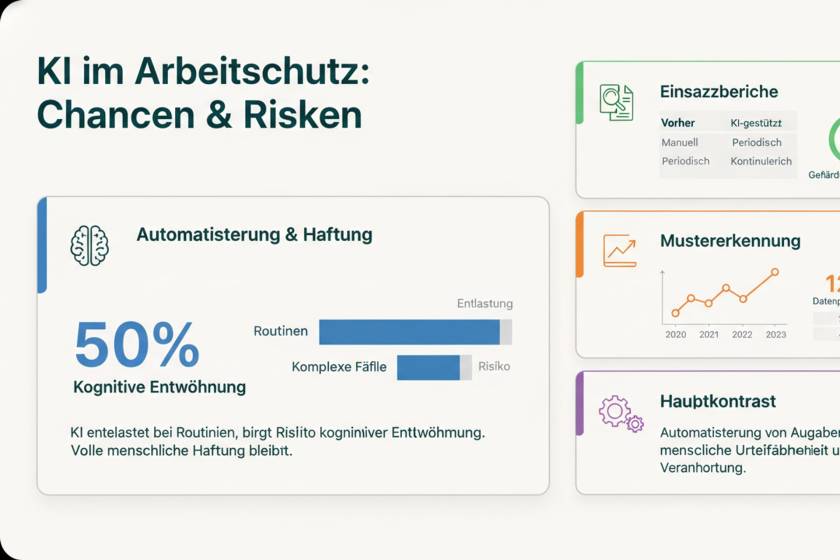 Person prüft KI-generierte Risikobewertung auf einem Bildschirm im Industriebetrieb
