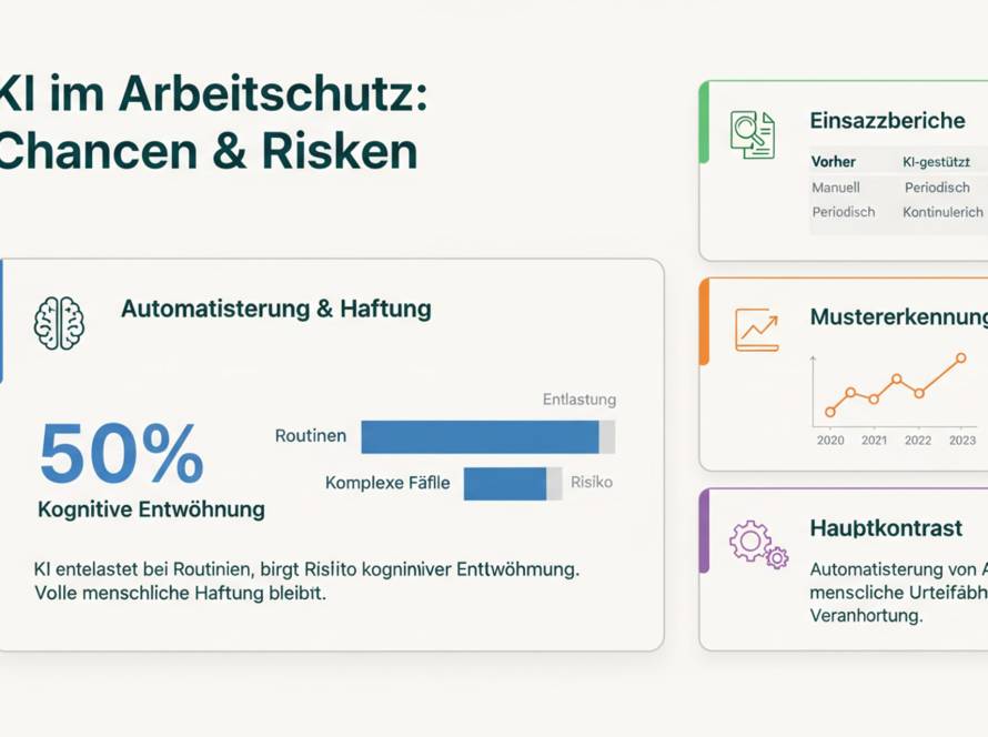 Person prüft KI-generierte Risikobewertung auf einem Bildschirm im Industriebetrieb