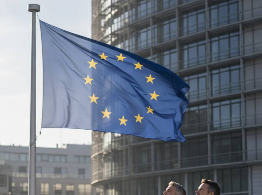 European Union flag waving on a flagpole beside a modern glass building in an urban area.
