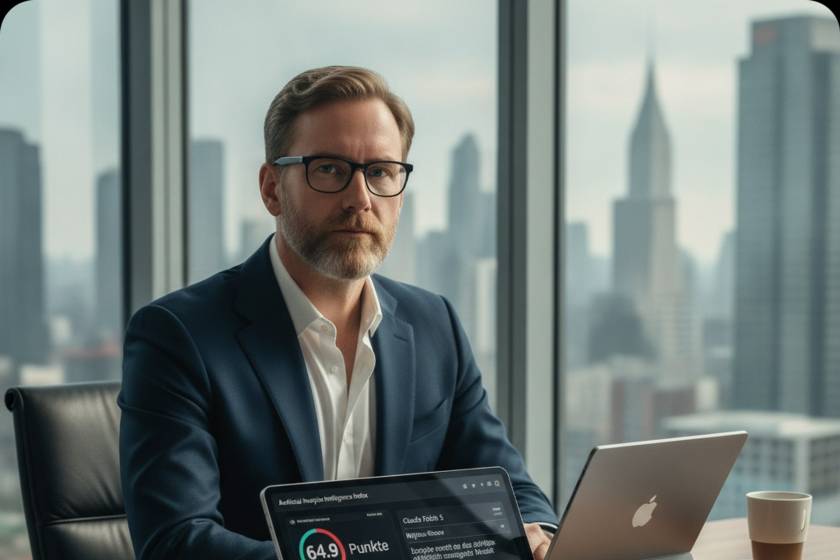Professional man in a navy suit and glasses sits at a desk in a high-rise office, looking at the camera with a city skyline in the windows behind him.