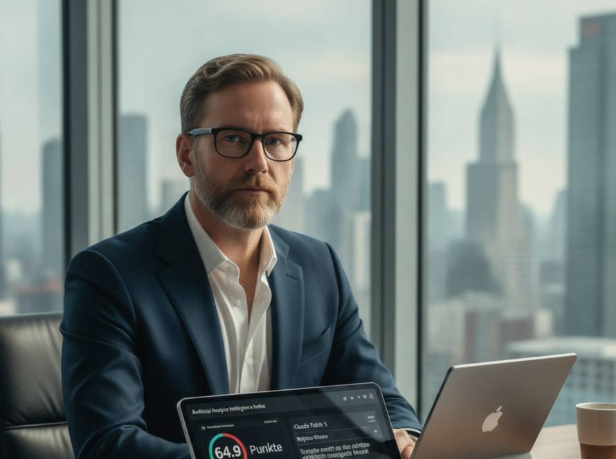 Professional man in a navy suit and glasses sits at a desk in a high-rise office, looking at the camera with a city skyline in the windows behind him.