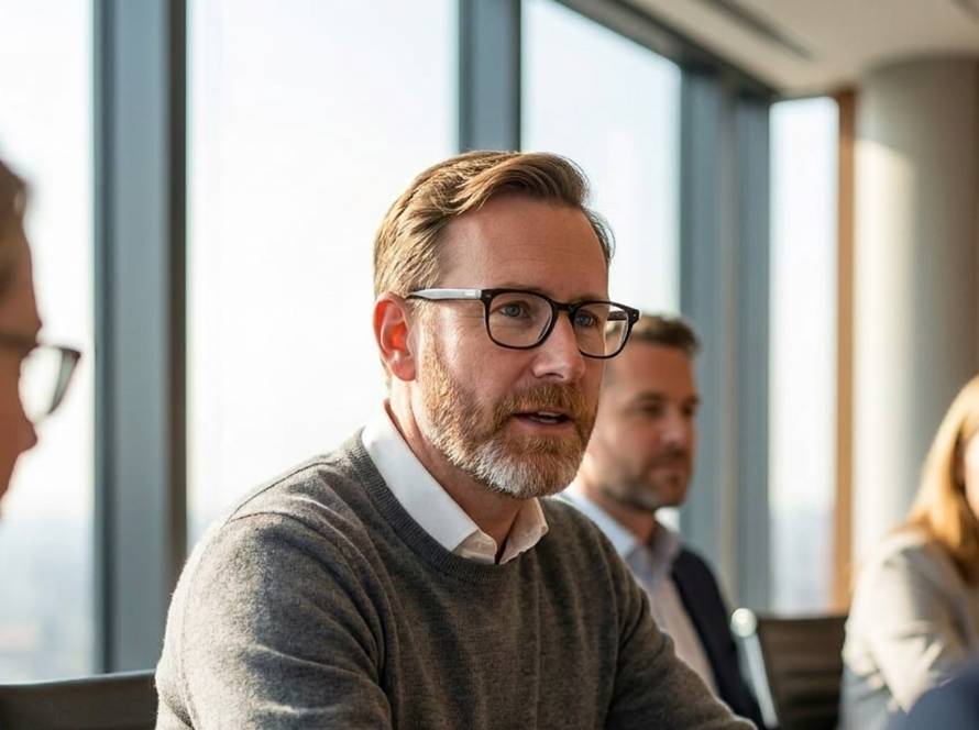Zwei Personen starten ein Meeting mit einem strukturierten Check-in vor einem Whiteboard